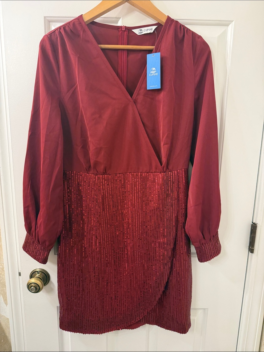 Cupshe Burgundy Long-Sleeve Sequin Wrap Dress